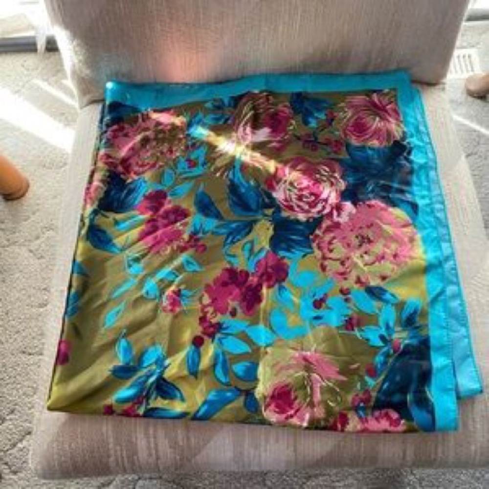 Floral Satin Square Scarf in Turquoise and Gold - Picture 2 of 5